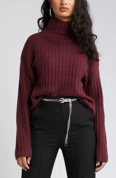 Open Edit Cotton Blend Rib Funnel Neck Sweater In Burgundy London