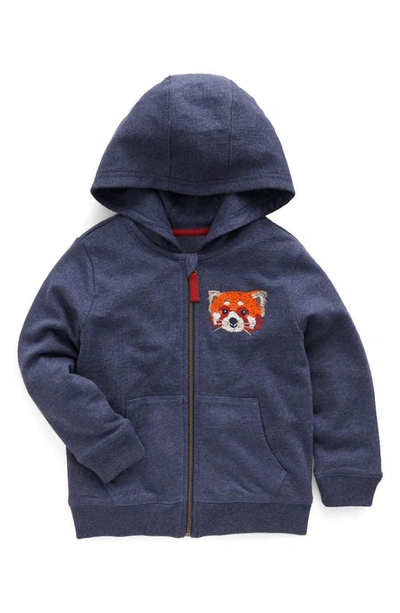 Mini Boden Kids' Red Panda Embroidered Cotton Zip-up Hoodie In Blue Marl Panda