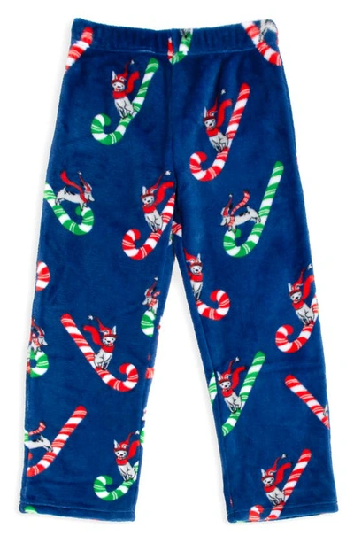 Munki Munki Kids' Candy Cane Dogsled Fleece Pajama Pants In Navy