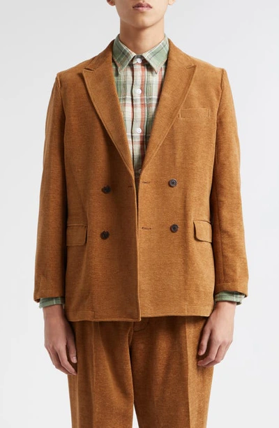 Beams Double Breasted Cotton & Wool Knit Sport Coat In Golden Brown 28