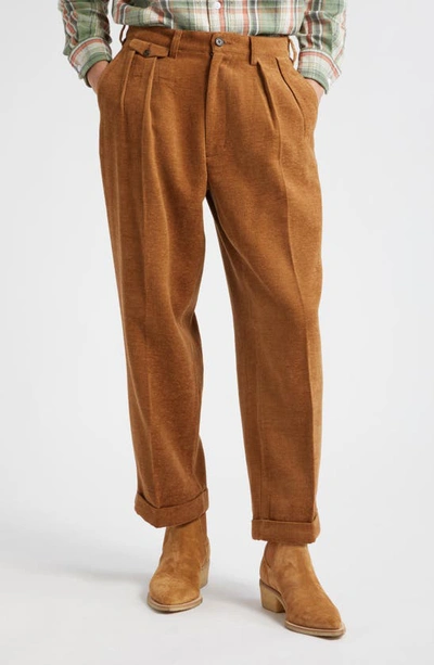Beams Double Pleat Cotton & Wool Knit Trousers In Golden Brown 28