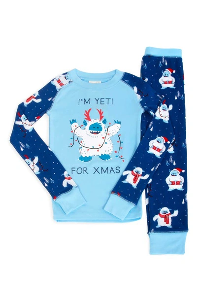 Munki Munki Kids' Yeti For Christmas Fitted Two-piece Pajamas In Blue