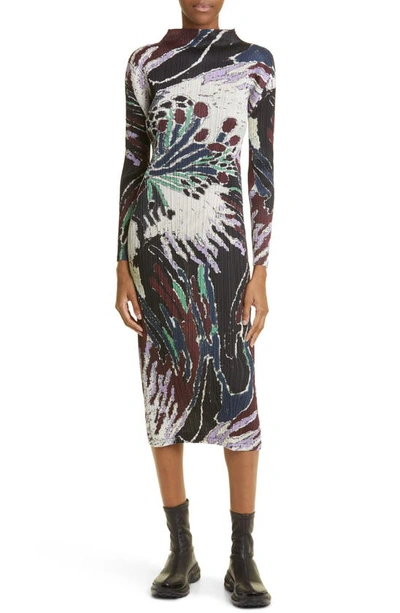Issey Miyake Frosty Forest Print Pleated Long Sleeve Midi Dress In Black