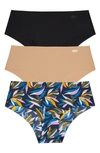 Dkny Litewear Cut Anywhere Assorted 3-pack Hipster Briefs In Black/ Glow/ Jungle Print