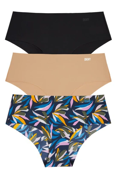 Dkny Litewear Cut Anywhere Assorted 3-pack Hipster Briefs In Black/ Glow/ Jungle Print