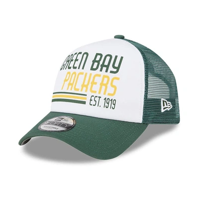 New Era Men's  White, Green Green Bay Packers Stacked A-frame Trucker 9forty Adjustable Hat In White,green