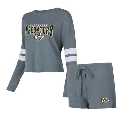 Concepts Sport Gray Nashville Predators Meadow Long Sleeve T-shirt & Shorts Sleep Set In Charcoal