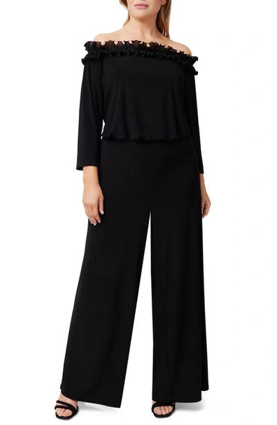 Adrianna Papell Ruffled Off The Shoulder Long Sleeve Jumpsuit In Black