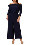 Adrianna Papell Ruffled Off The Shoulder Long Sleeve Jumpsuit In Navy