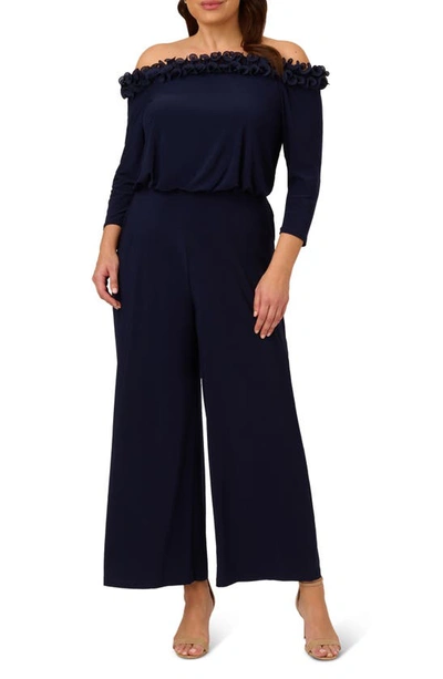Adrianna Papell Ruffled Off The Shoulder Long Sleeve Jumpsuit In Navy