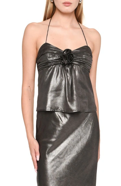 Wayf Selena Metallic Babydoll Halter Top In Gunmetal