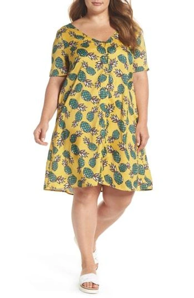 Glamorous Button Front Pineapple Print Dress In Yellow Pineapple