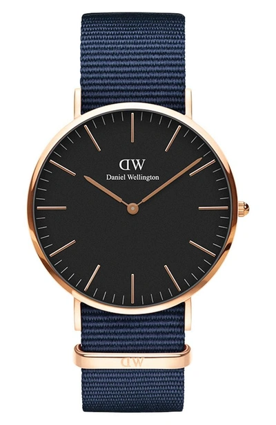 Daniel Wellington 36mm Classic Bayswater Watch W/ Nylon Strap In Blue/ Black / Rose Gold