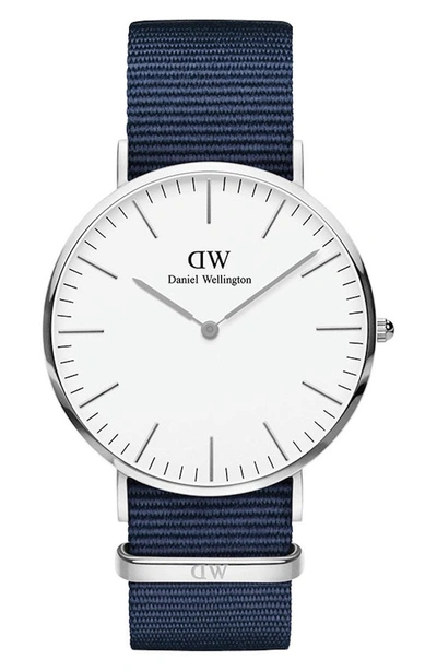 Daniel Wellington 40mm Classic Bayswater Watch W/ Nylon Strap In Blue/ White/ Silver