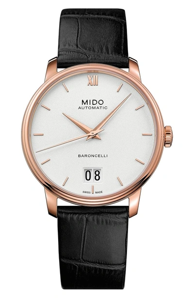 Mido Baroncelli Iii Automatic Leather Strap Watch, 40mm In Black/ White/ Rose Gold