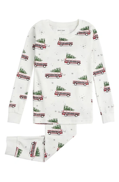 Petit Lem Kids' Christmas Station Wagon Print Cotton Fitted Two-piece Pajamas In White