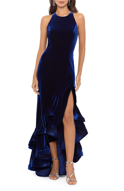 Betsy & Adam Tiered Ruffle High-low Velvet Gown In Navy