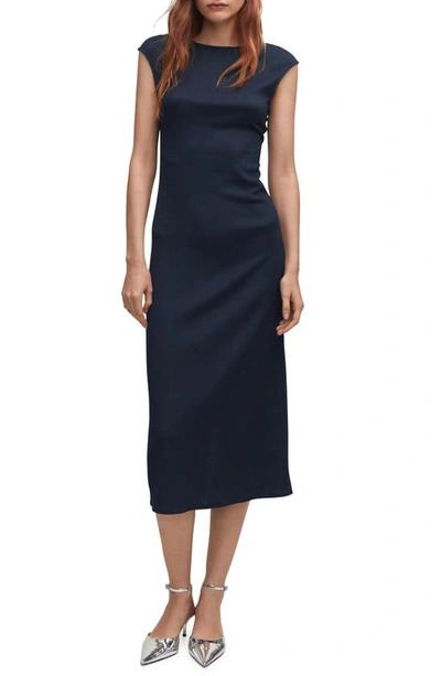 Mango Back Cutout Satin Dress In Dark Navy