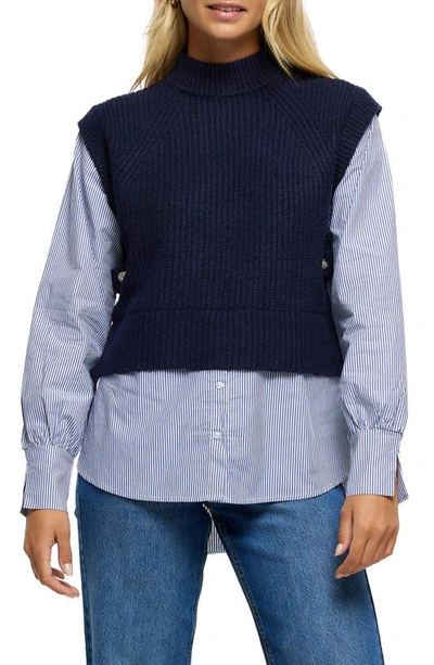 River Island Mixed Media Layered Sweater In Navy