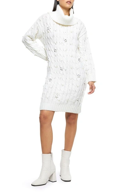 River Island Imitation Pearl Embellished Long Sleeve Turtleneck Sweater Dress In Cream