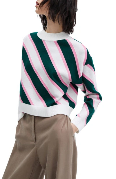 Mango Diagonal Stripe Mock Neck Sweater In White/ Green/ Pink