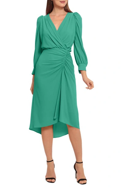 Maggy London Ruched Long Sleeve High-low Midi Dress In Golf Green