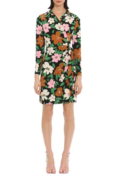 Donna Morgan Floral Long Sleeve Matte Jersey Shirtdress In Black/ Pink