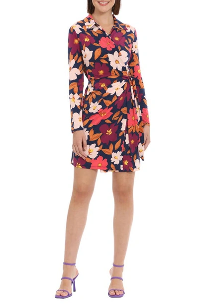 Donna Morgan Floral Long Sleeve Matte Jersey Shirtdress In Navy/ Coral