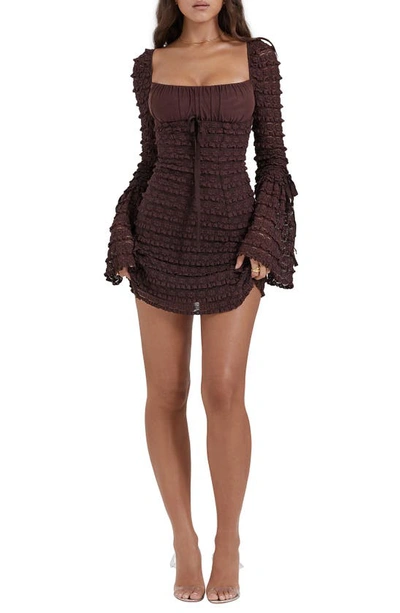 House Of Cb Marisa Ruffle Long Sleeve Tiered Minidress In Rich Brown