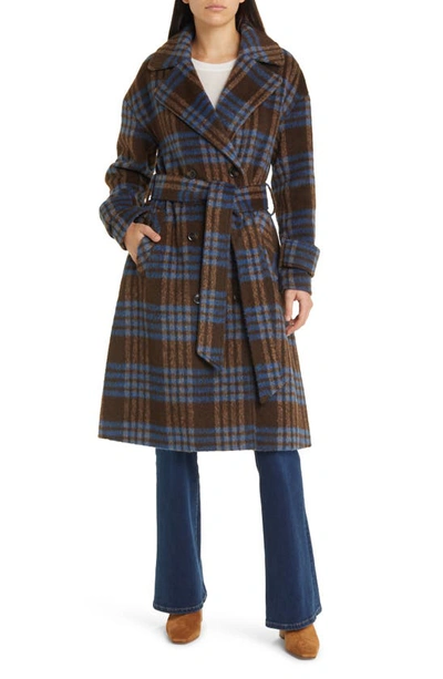 Bcbgeneration Plaid Belted Longline Coat In Blue Brown Plaid