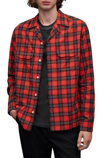 Allsaints Recon Realxed Fit Plaid Long Sleeve Camp Shirt In Postbox Red