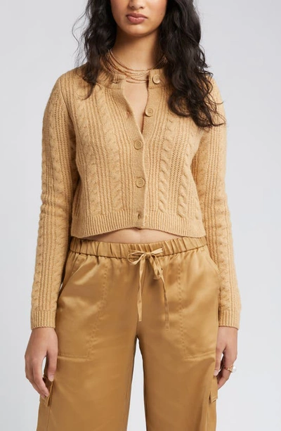 Open Edit Cable Knit Crop Cardigan In Tan Cartouche