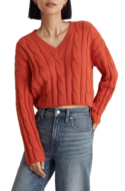 Madewell Cable Knit V-neck Crop Sweater In Roasted Squash