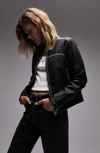 Topshop Faux Leather Moto Jacket In Black