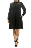 Nina Leonard Lace Yoke Long Sleeve Trapeze Dress In Black