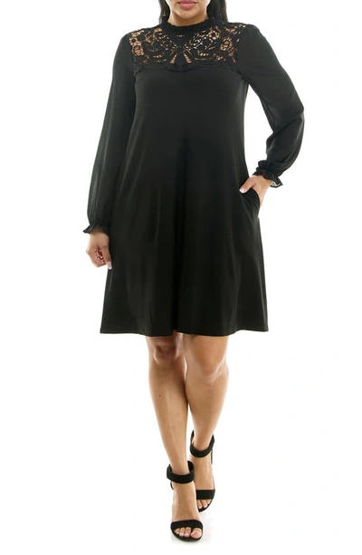 Nina Leonard Lace Yoke Long Sleeve Trapeze Dress In Black