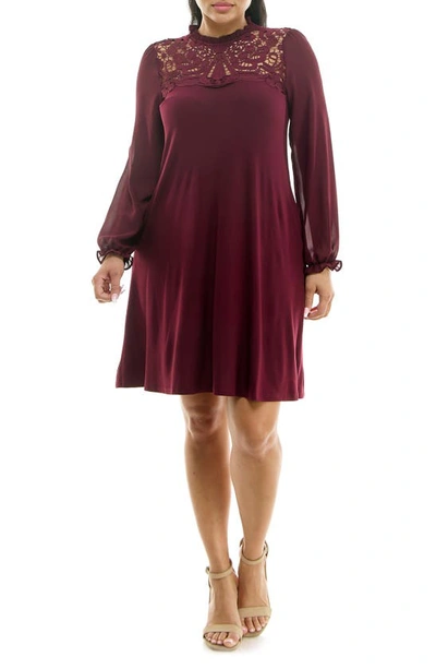 Nina Leonard Lace Yoke Long Sleeve Trapeze Dress In Deep Wine