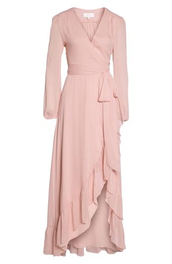 the meryl long sleeve metallic chiffon wrap gown