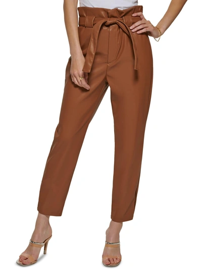 Dkny Petites Womens Faux Leather High Waisted Trouser Pants In Brown
