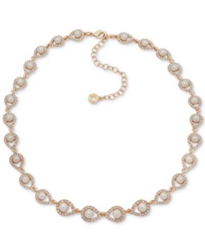 Anne Klein Gold-tone Pave & Imitation Pearl Collar Necklace, 16" + 3" Extender In White