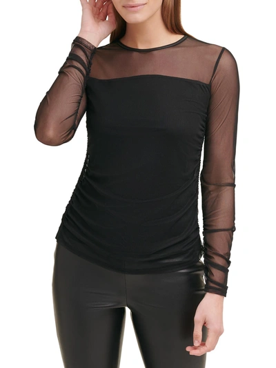 Dkny Womens Mesh Ruched Pullover Top In Black