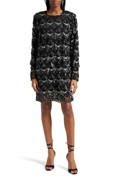 Gestuz Yasnagz Long Sleeve Sequin Mesh Shift Dress In Black