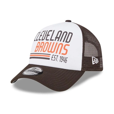 New Era Men's  White, Brown Cleveland Browns Stacked A-frame Trucker 9forty Adjustable Hat In White,brown