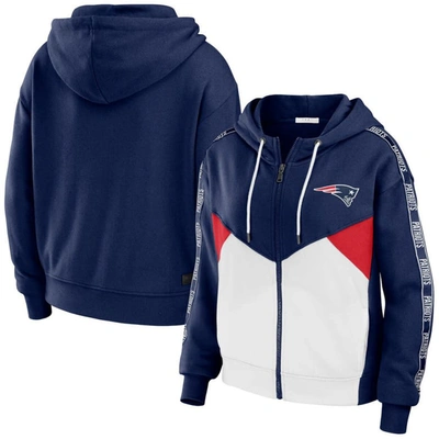 Wear By Erin Andrews Navy/white New England Patriots Color Block Light Weight Modest Crop Full-zip H In Navy,white