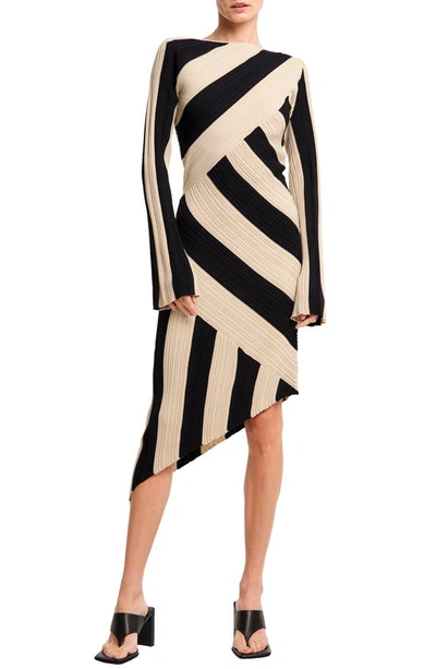 Ciebon Osha Directional Stripe Long Sleeve Asymmetric Knit Dress In Cream Multi