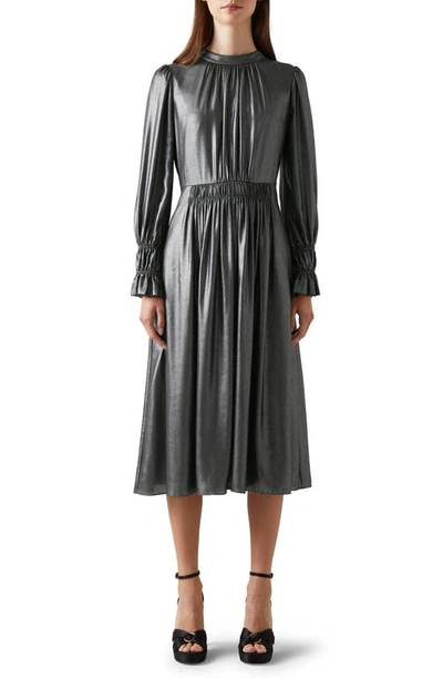 Lk Bennett Louise Metallic Lamé Long Sleeve Midi Dress In Gunmetal