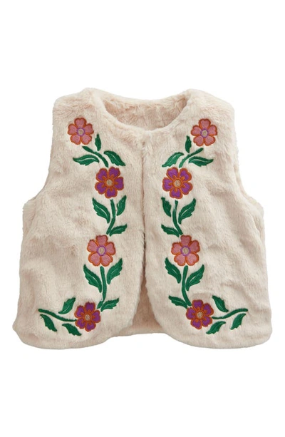 Mini Boden Kids' Floral Embroidered Reversible Faux Fur Vest In Natural Ivory Floral