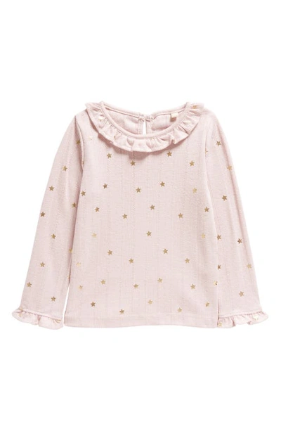 Mini Boden Kids' Pointelle Gold Star Ruffle Neck Top In French Pink Gold Star