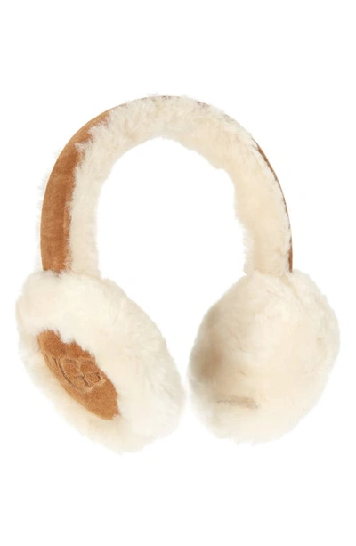 Ugg Logo Embroidered Genuine Shearling Earmuffs In Chestnut