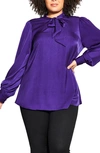 City Chic In Awe Tie Neck Top In Royal Purple
